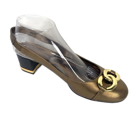 Anne Klein Bronze Metallic Slingback Pumps Low Heel Gold Buckle - Picture 2 of 8